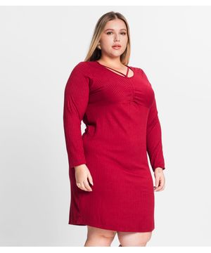 Vestido Plus Size Em Ribana Canelada Secret Glam Vermelho