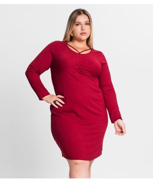 Vestido Plus Size Em Ribana Canelada Secret Glam Vermelho