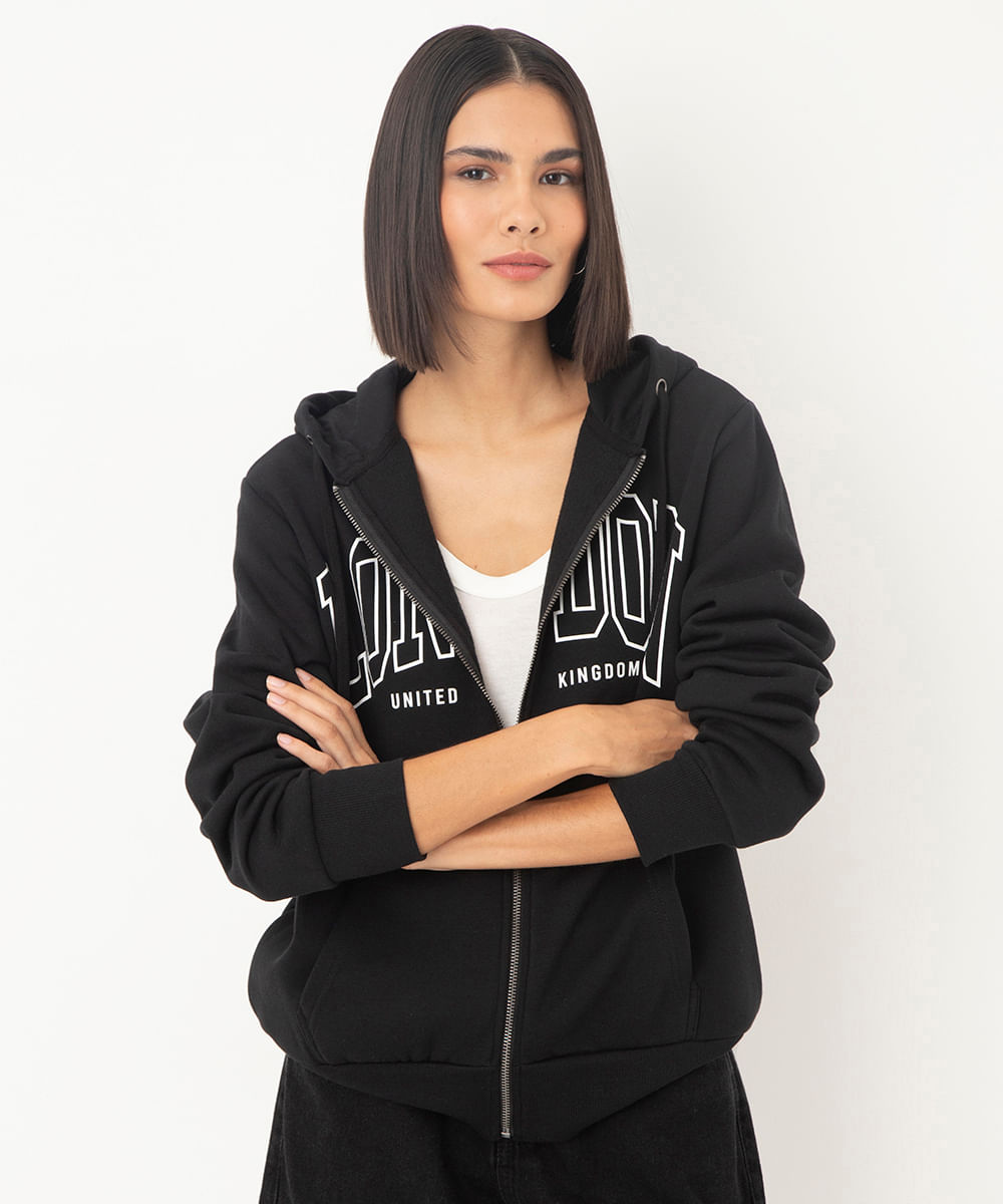 blusão de moletom com zíper london preto