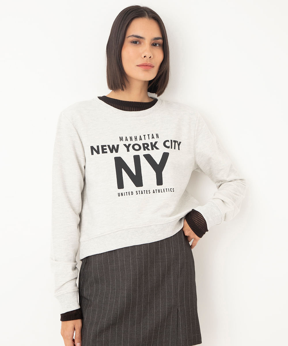 blusão de moletom cropped new york city cinza