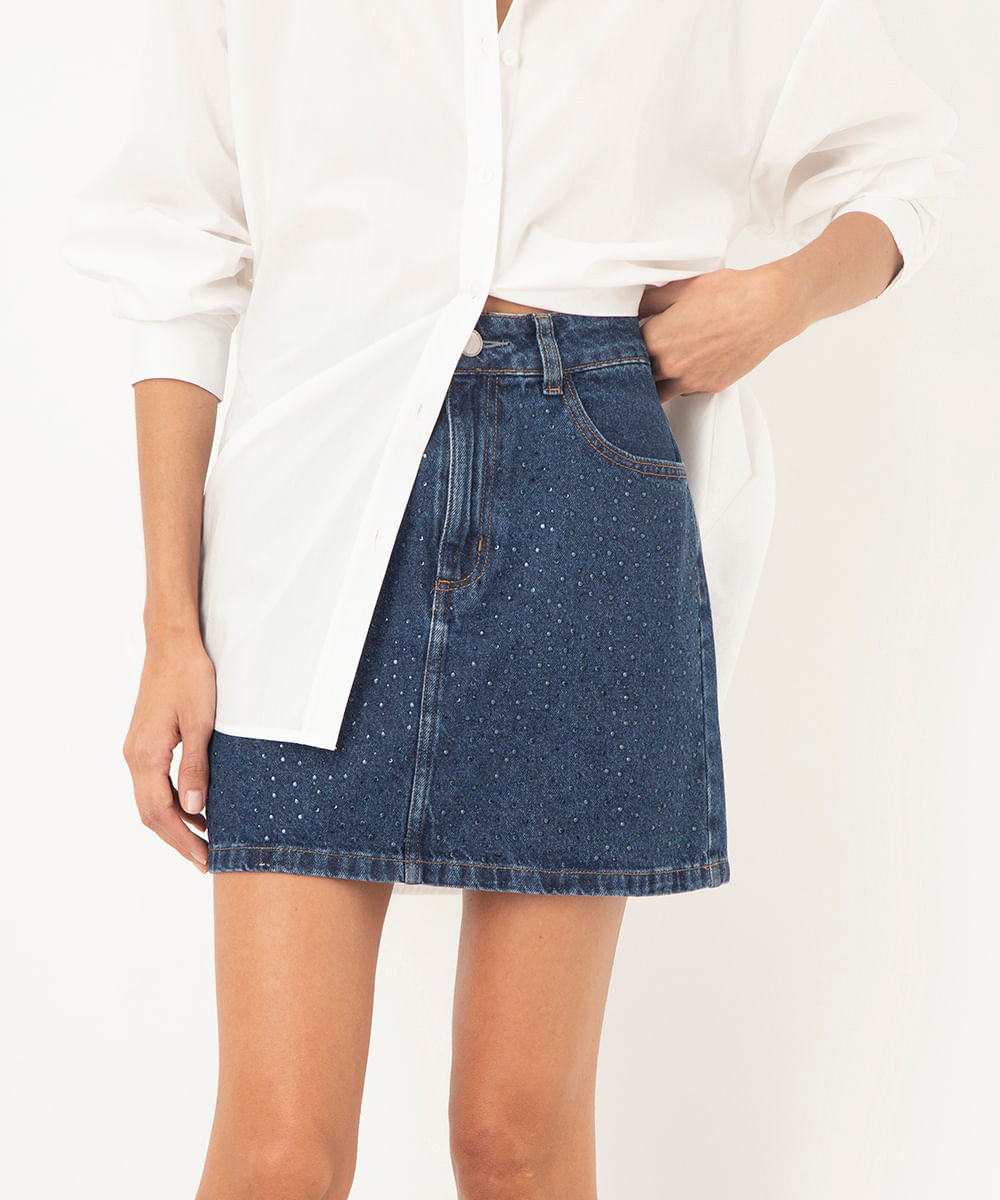 saia jeans cintura super alta brilho azul escuro