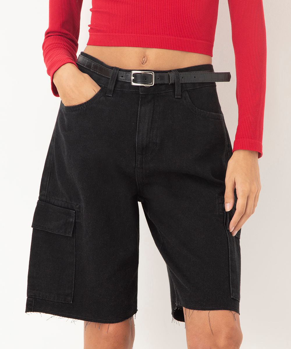 bermuda jeans cargo cintura alta preto