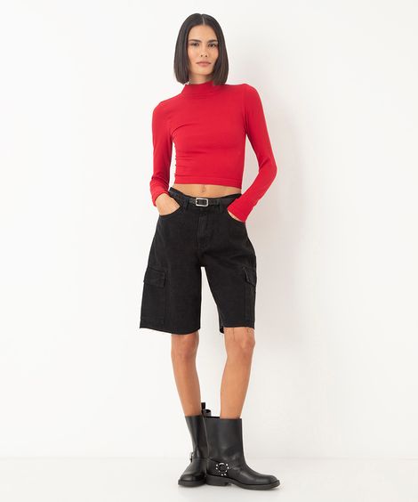 bermuda jeans cargo cintura alta preto