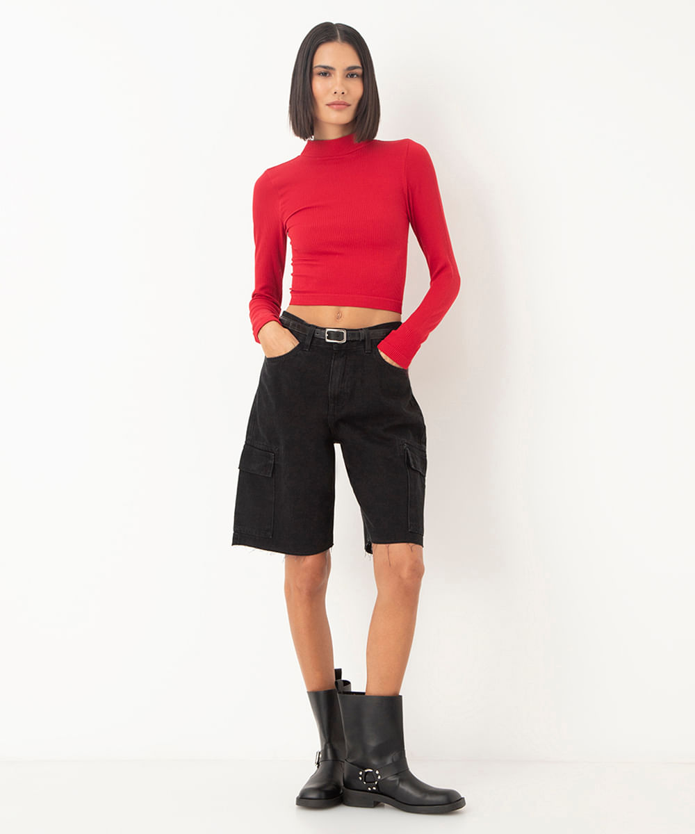 bermuda jeans cargo cintura alta preto