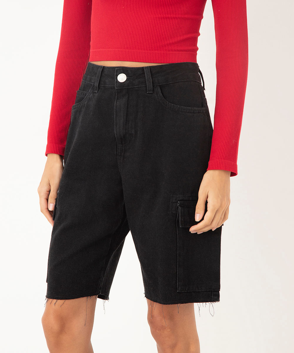 bermuda jeans cargo cintura alta preto