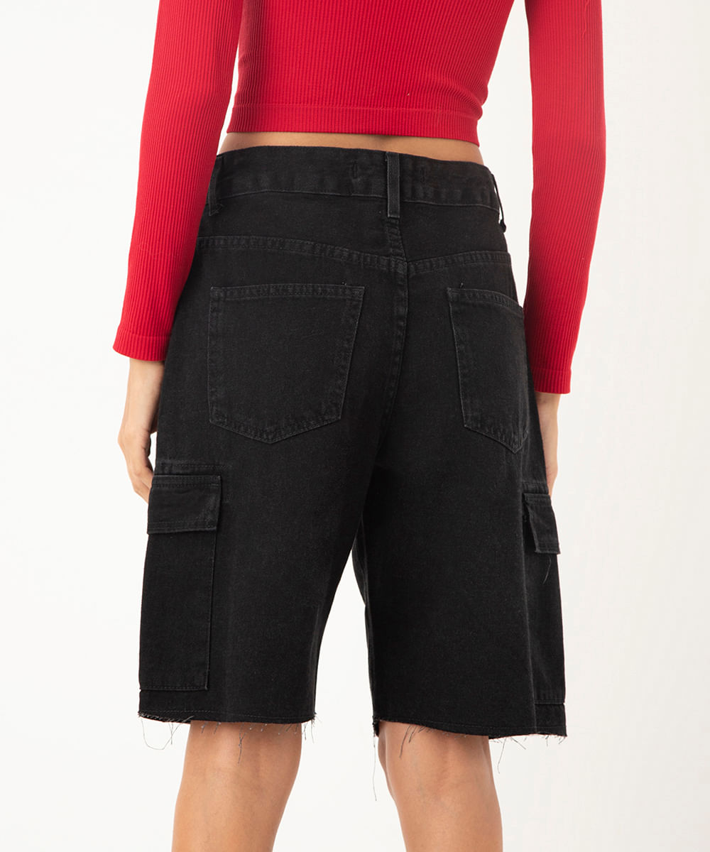 bermuda jeans cargo cintura alta preto