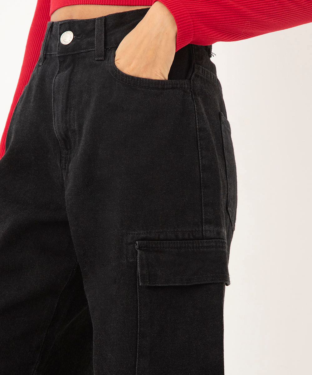 bermuda jeans cargo cintura alta preto