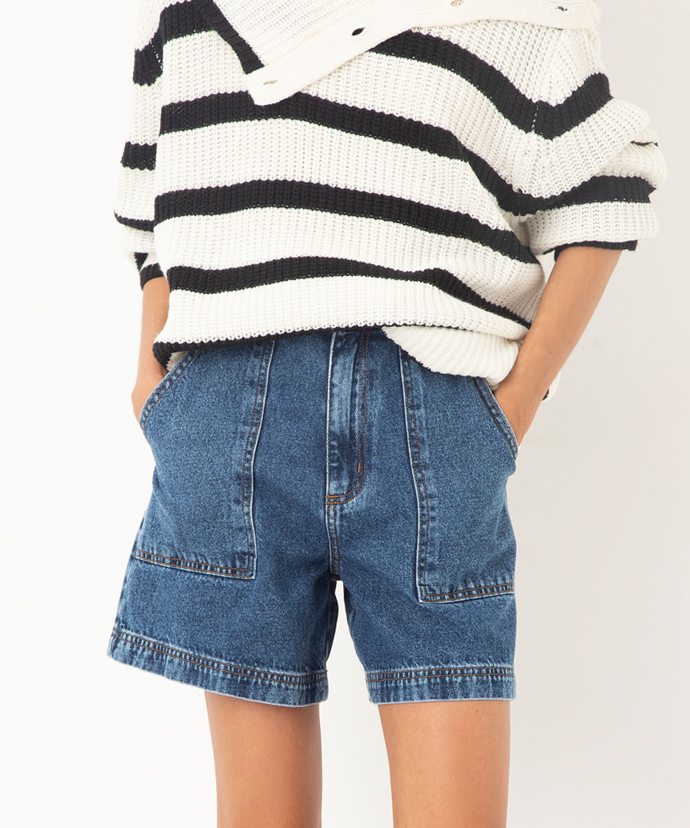 short jeans mom cintura super alta azul escuro