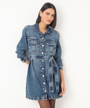 vestido jeans curto manga longa azul