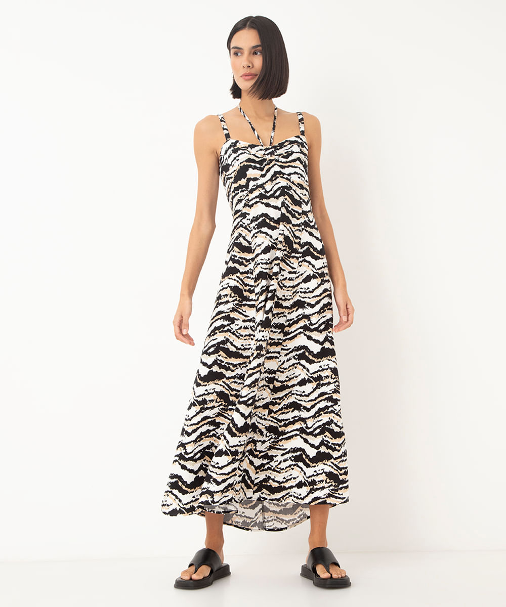 vestido de viscose midi animal print bege