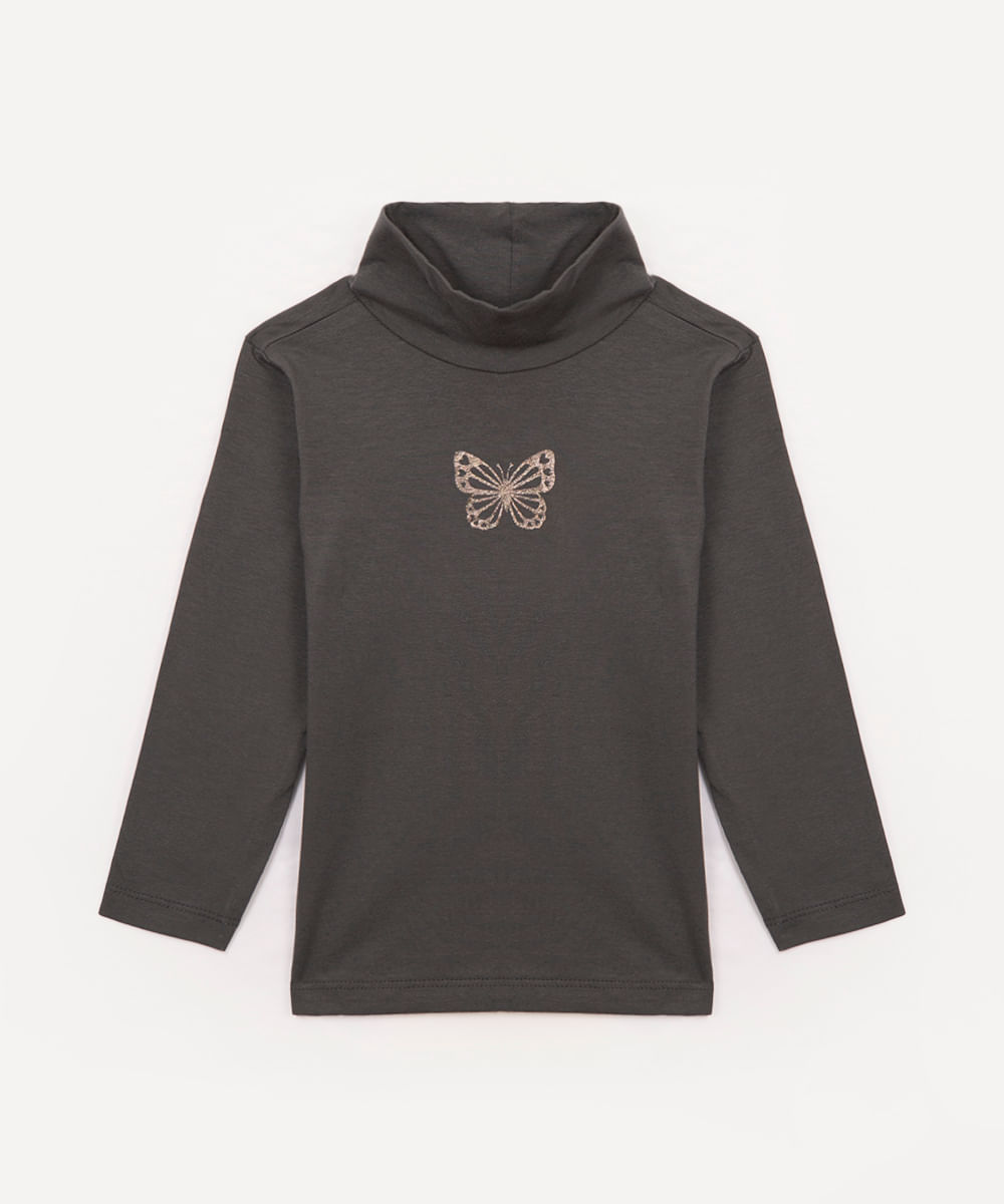 blusa de algodão infantil borboleta gola alta cinza