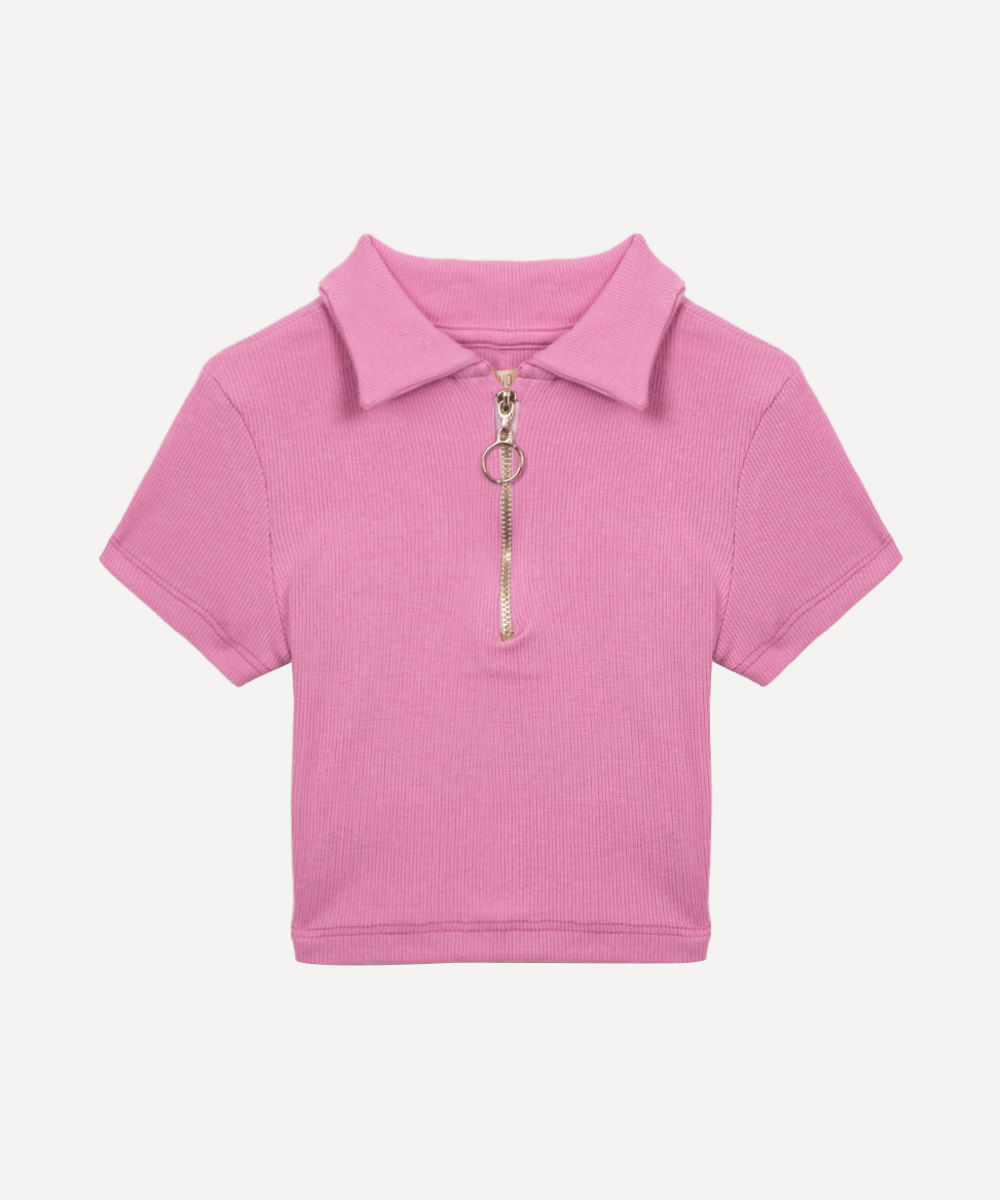 blusa de algodão infantil canelada com zíper rosa