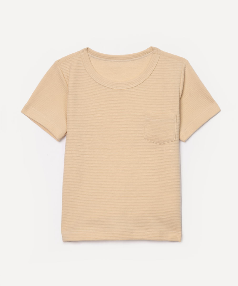 camiseta infantil texturizada com bolso manga curta bege