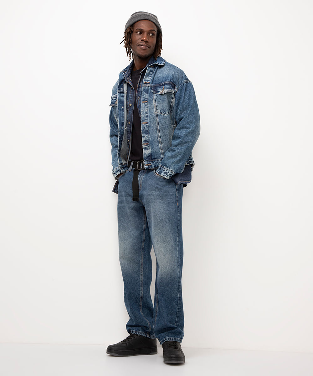 calça jeans skater com bolsos azul