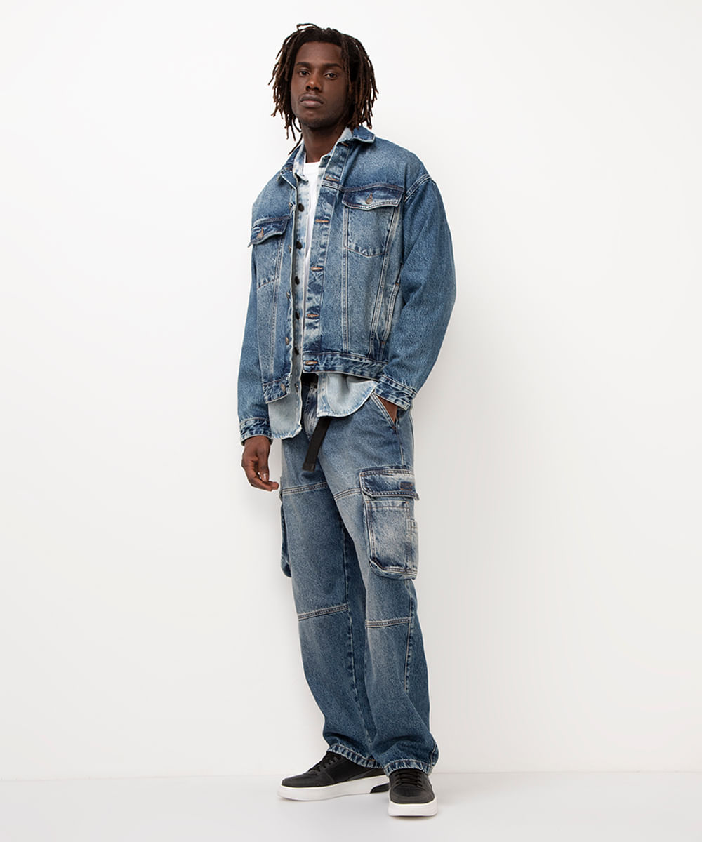 calça jeans skater cargo azul