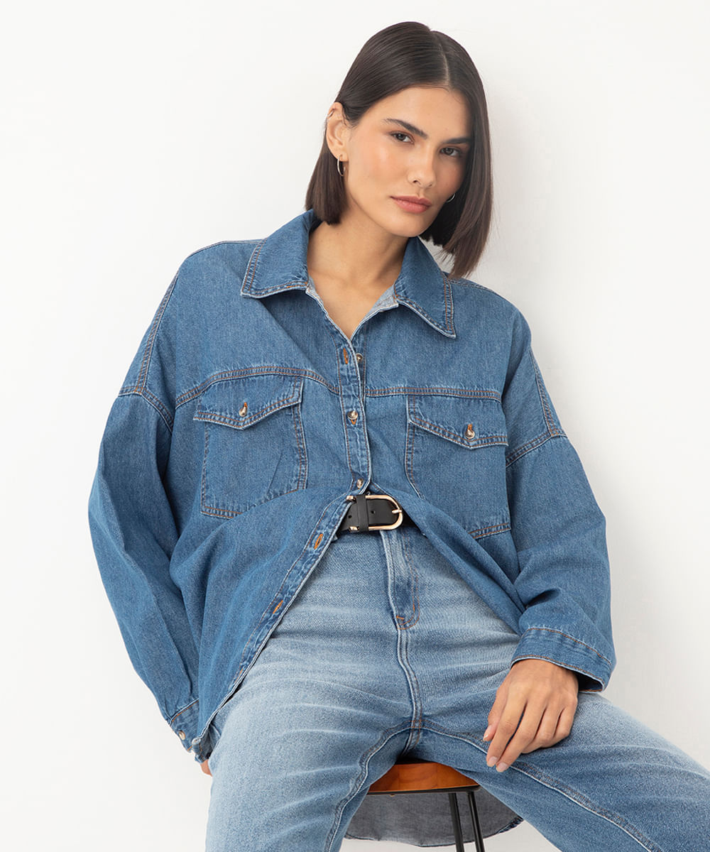 camisa jeans manga longa azul