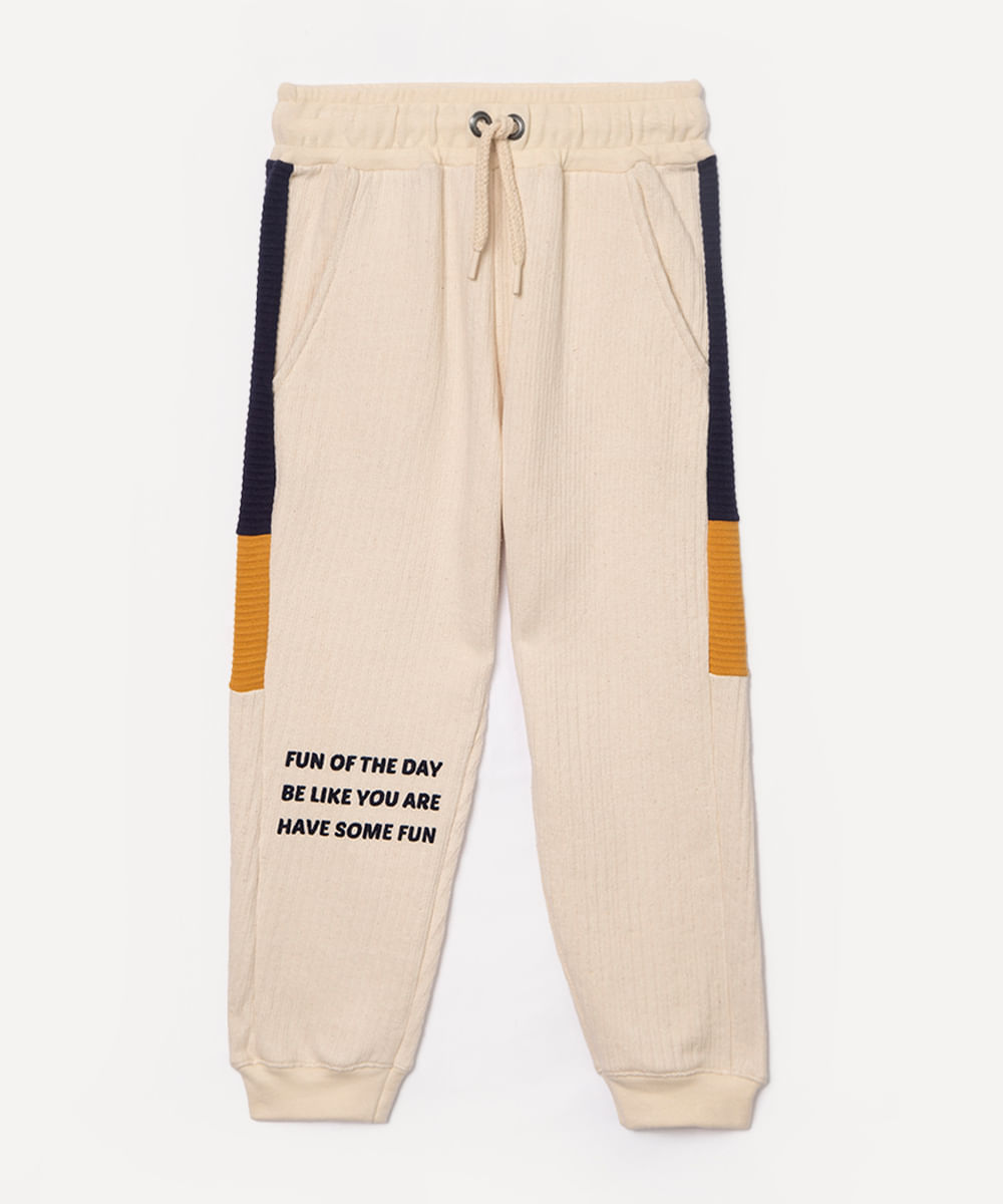 calça jogger de moletom infantil com recortes bege