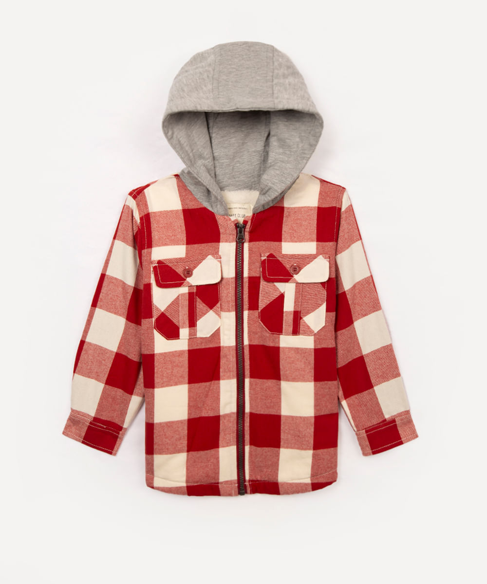 Jaqueta infantil xadrez com capuz vermelho