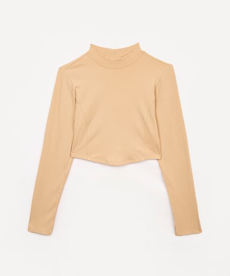 cropped de viscose juvenil canelado com recorte manga longa bege