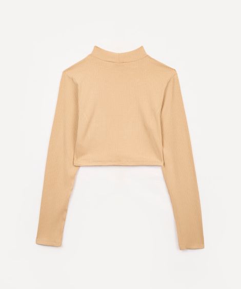 cropped de viscose juvenil canelado com recorte manga longa bege