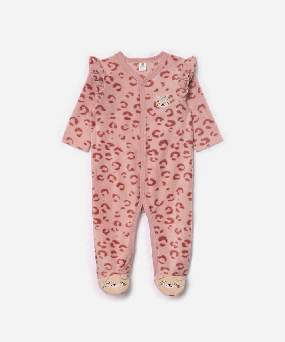 macacão de fleece infantil animal print com babado rosa