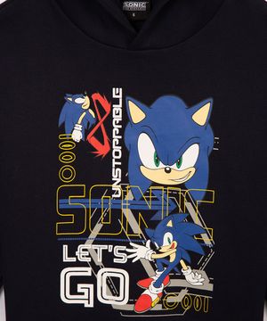 blusão de moletom infantil sonic com capuz azul marinho