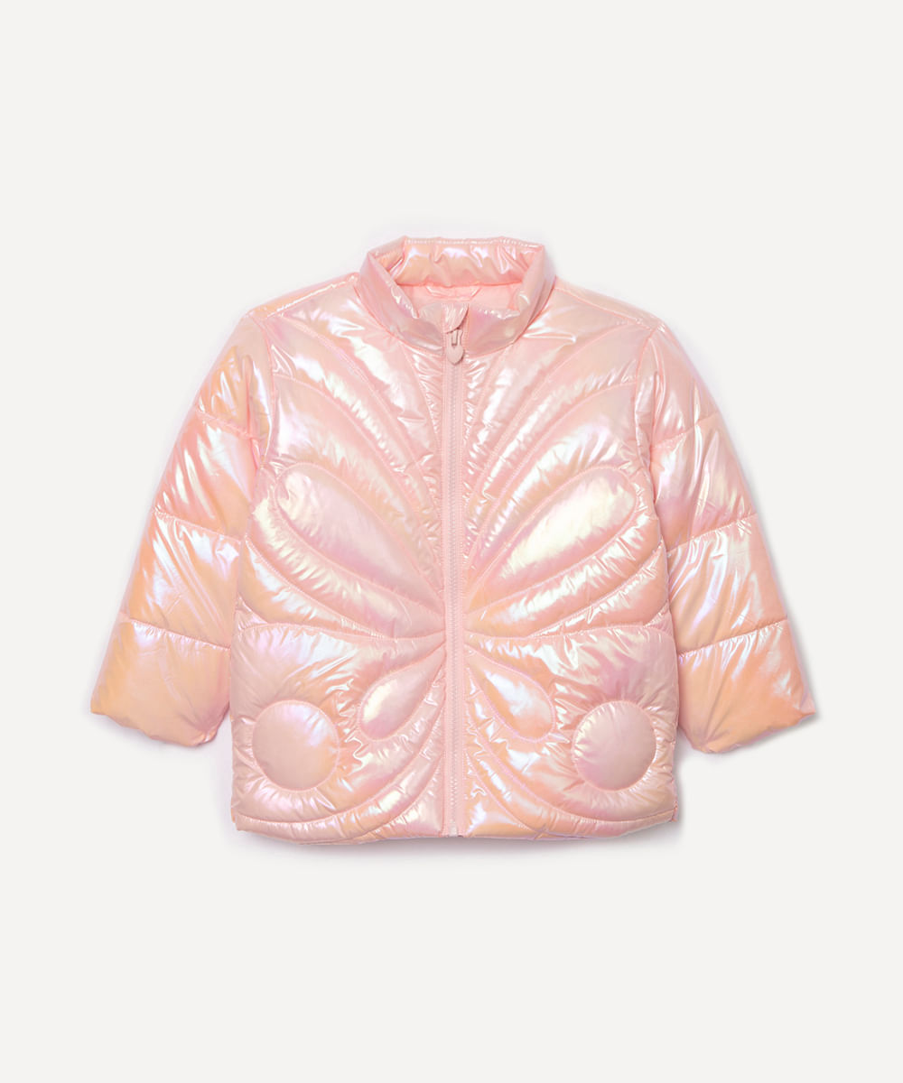 jaqueta puffer infantil borboleta holográfica rosa