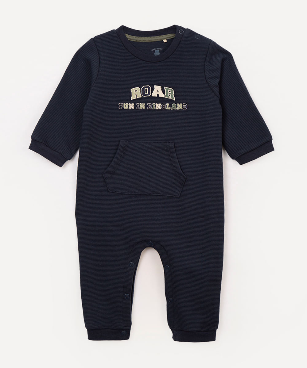 macacão infantil longo dinossauro azul médio