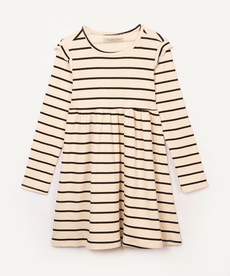 vestido infantil canelado  manga longa listrado bege