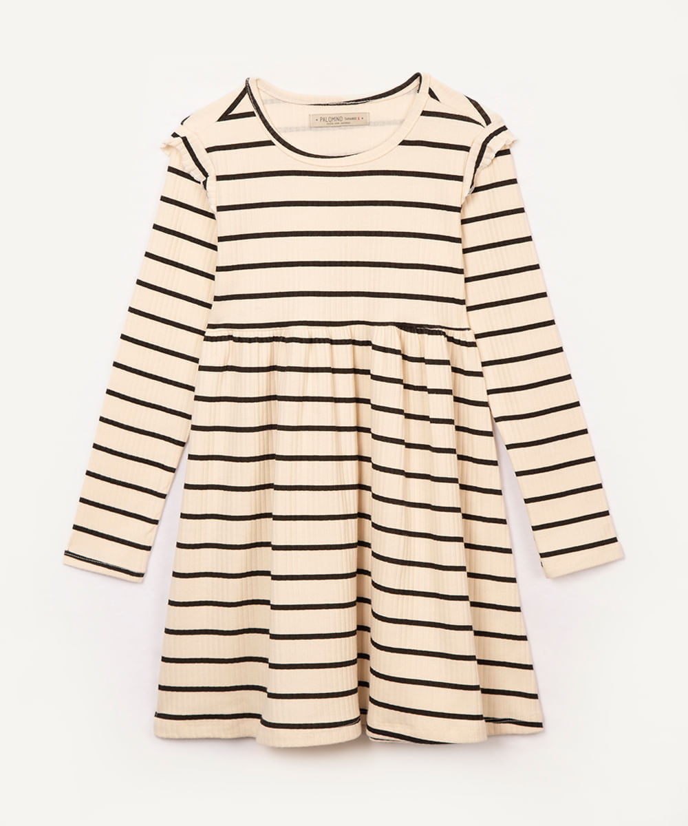 vestido infantil canelado  manga longa listrado bege
