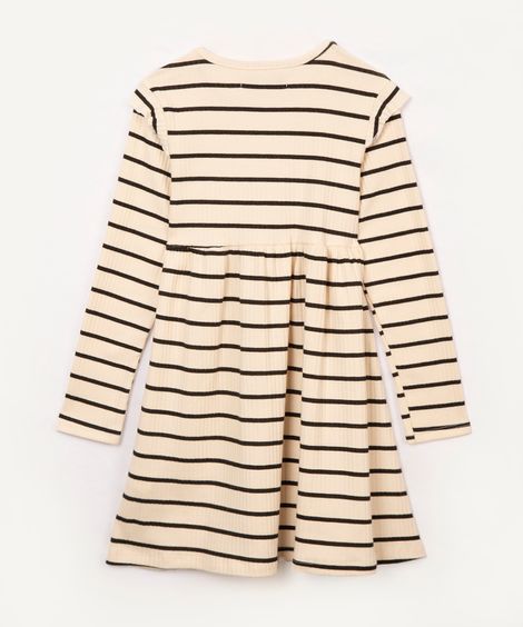 vestido infantil canelado  manga longa listrado bege