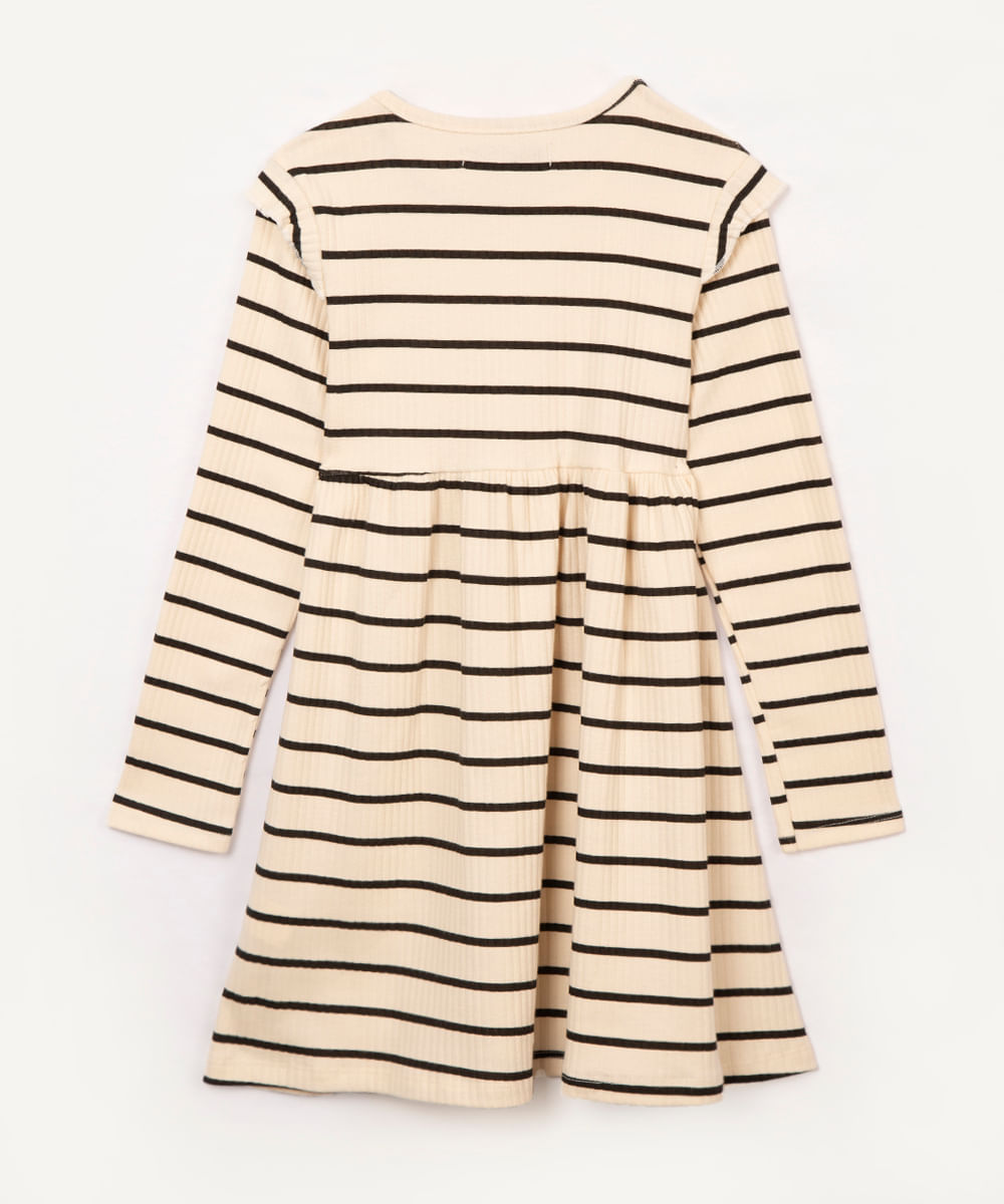 vestido infantil canelado  manga longa listrado bege