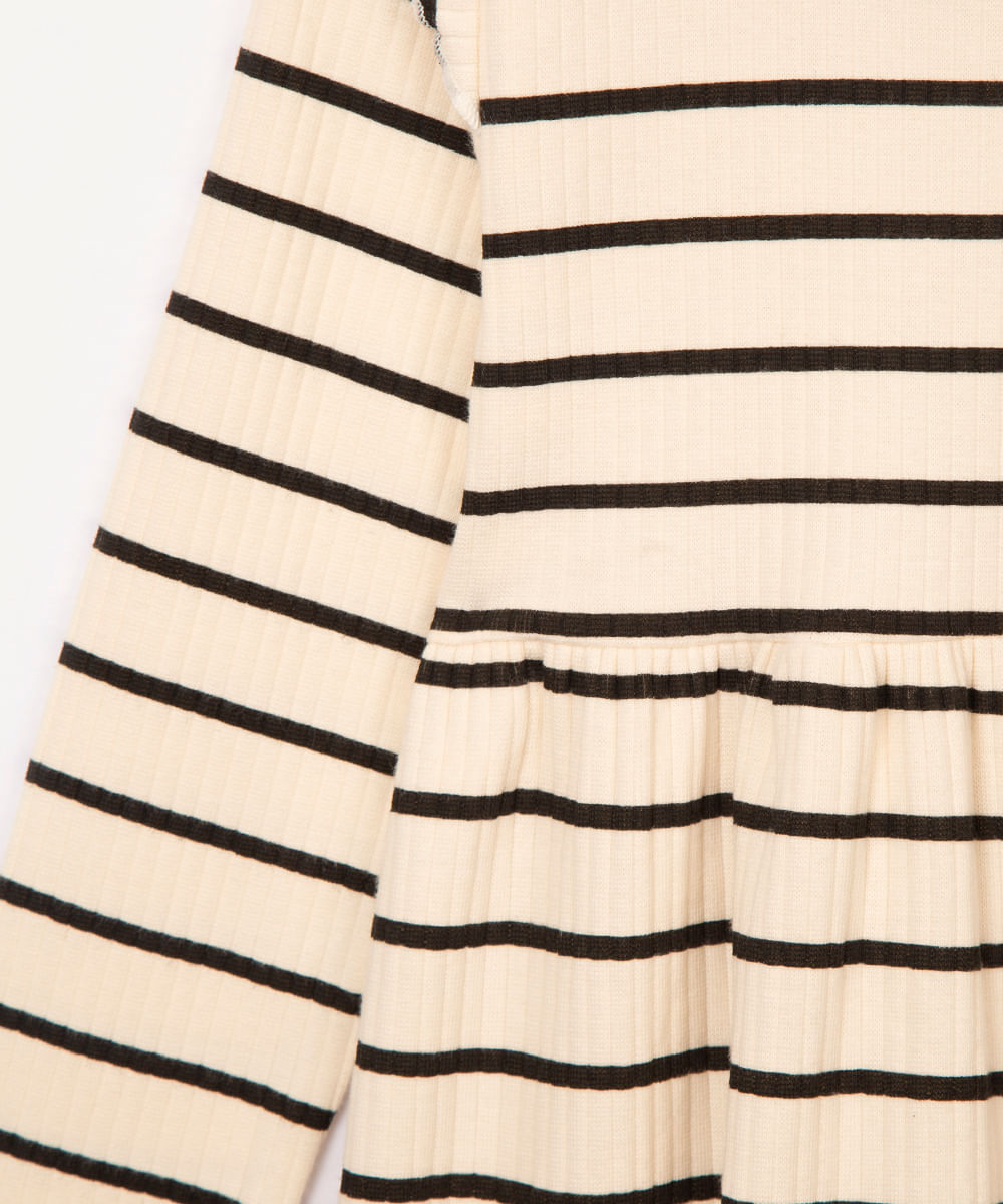 vestido infantil canelado  manga longa listrado bege