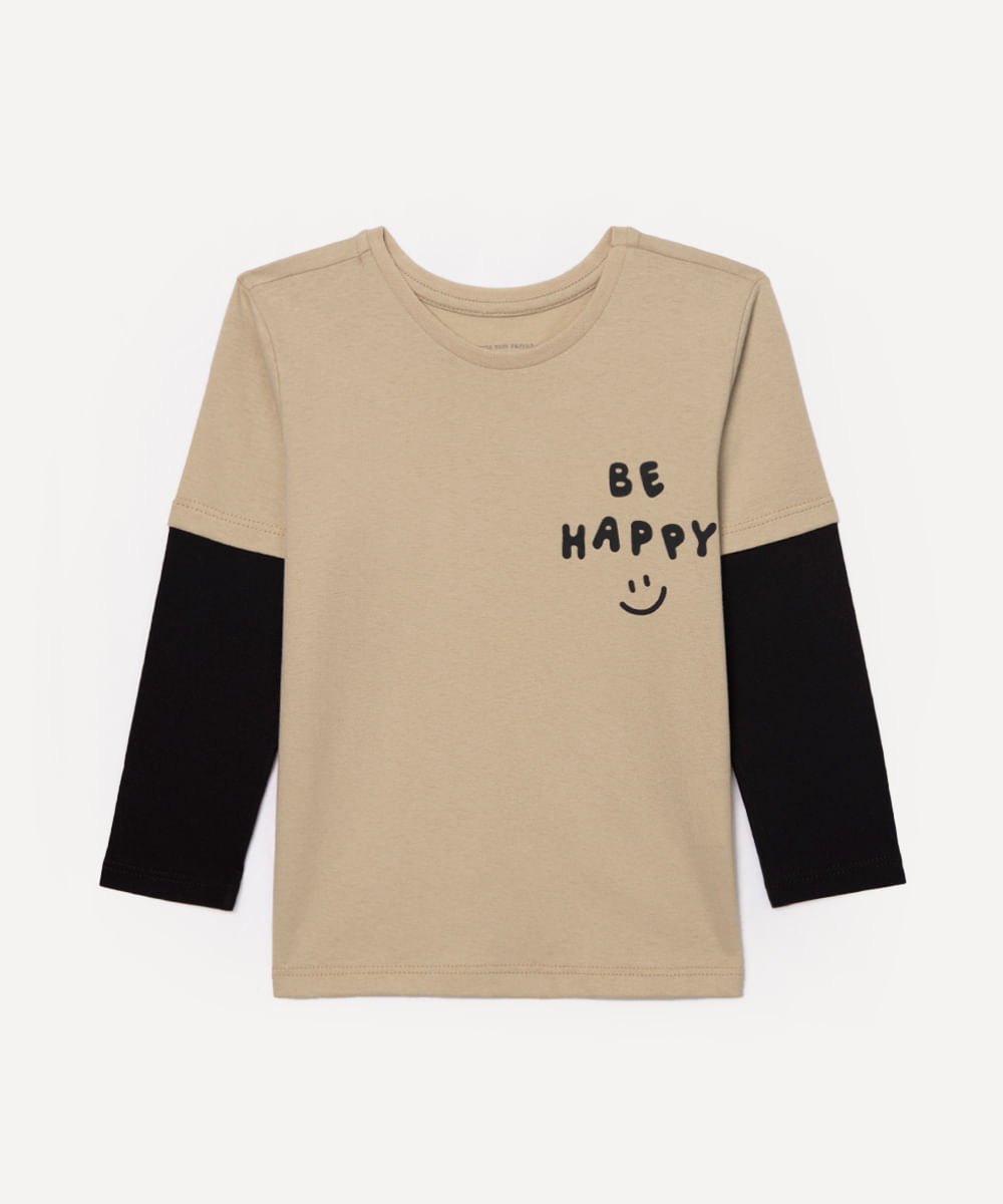 camiseta de algodão infantil be happy sobreposição bege