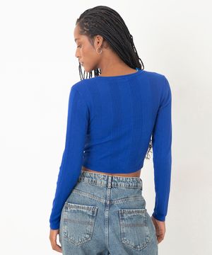 cropped de tricot canelado manga longa azul