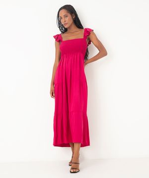 vestido midi de viscose com babado rosa