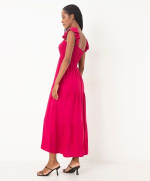 vestido midi de viscose com babado rosa