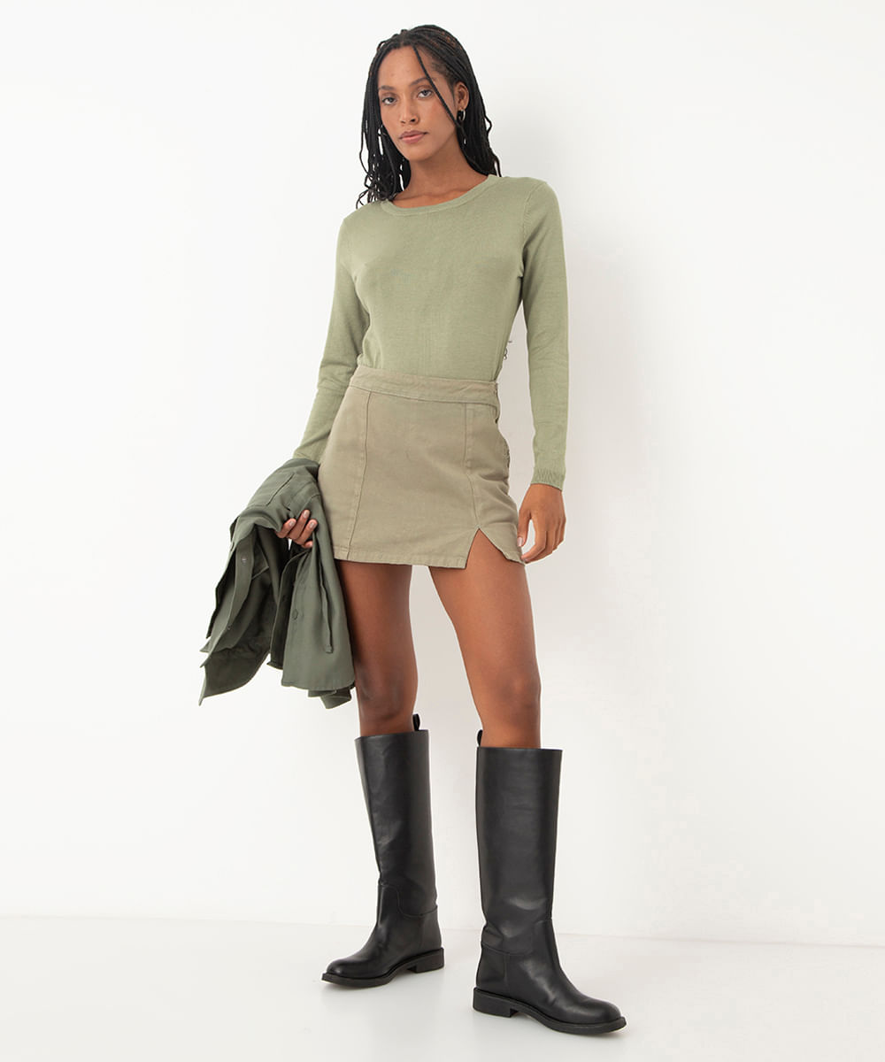 suéter de tricot manga longa básico verde