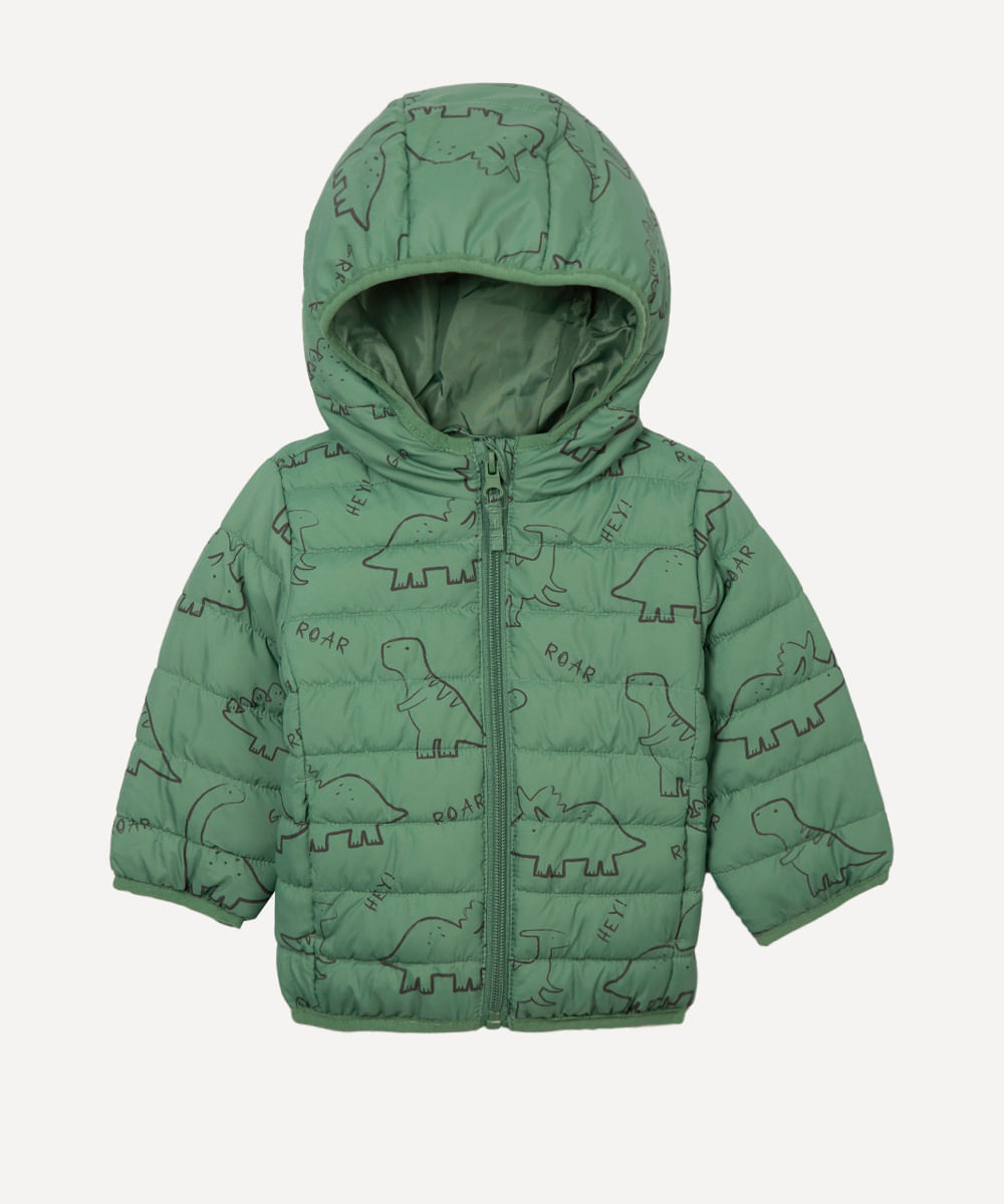 jaqueta puffer infantil com capuz dinossauro verde
