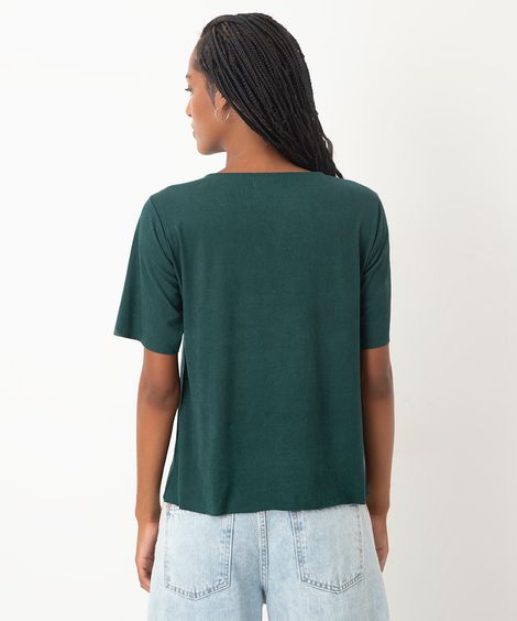 blusa em suede manga curta com recortes marrom - verde esmeralda