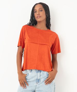 blusa em suede manga curta com recortes laranja