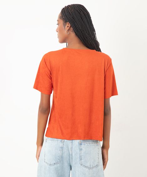 blusa em suede manga curta com recortes marrom - terracota