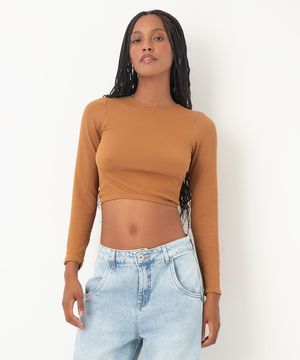 cropped de poliamida manga longa caramelo