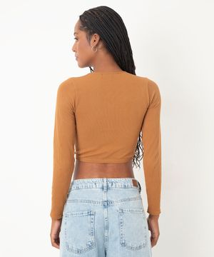 cropped de poliamida manga longa caramelo
