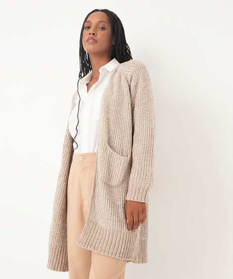 cardigan de tricot chenille com bolsos cinza