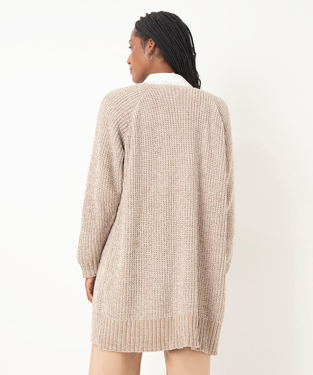 cardigan de tricot chenille com bolsos cinza