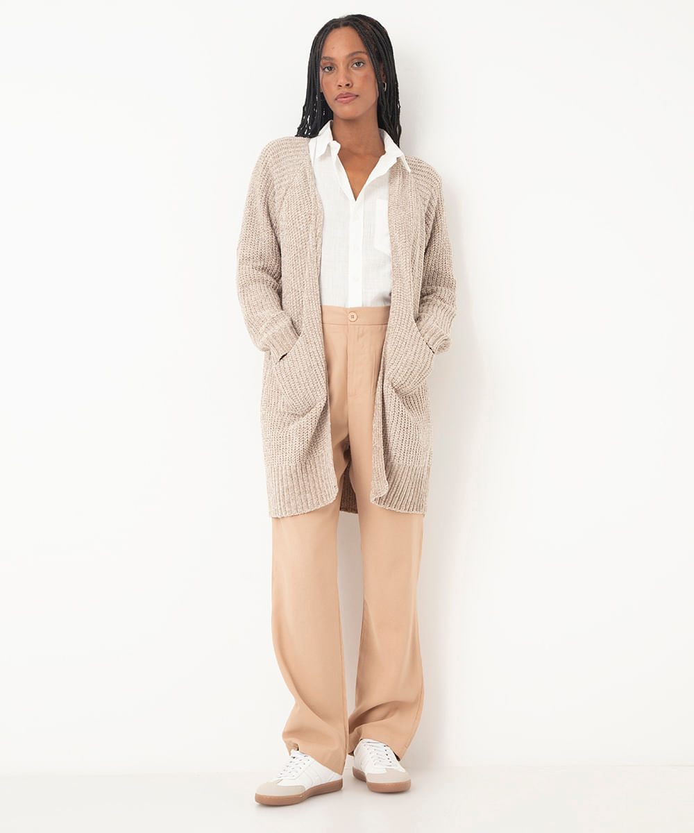 cardigan de tricot chenille com bolsos cinza