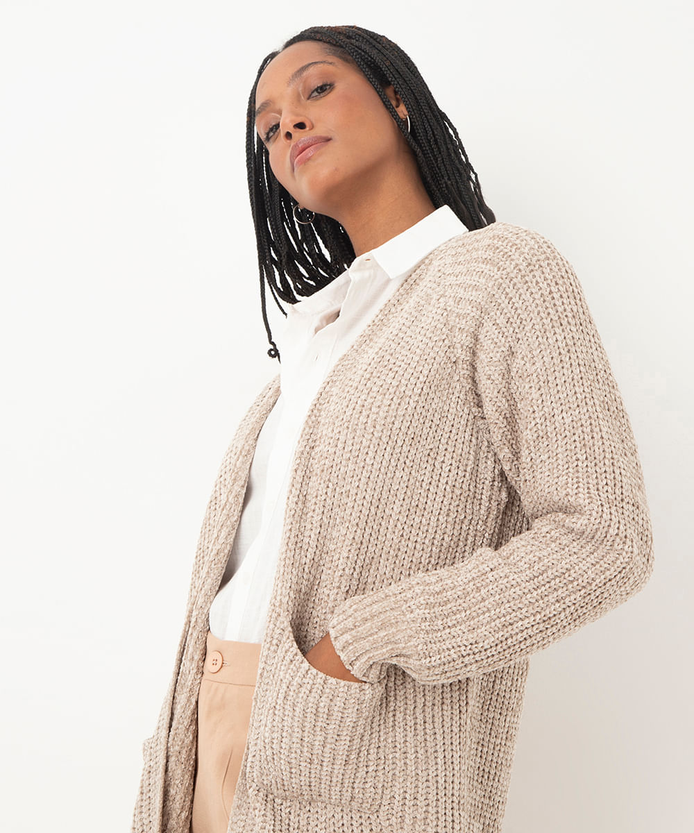 cardigan de tricot chenille com bolsos cinza