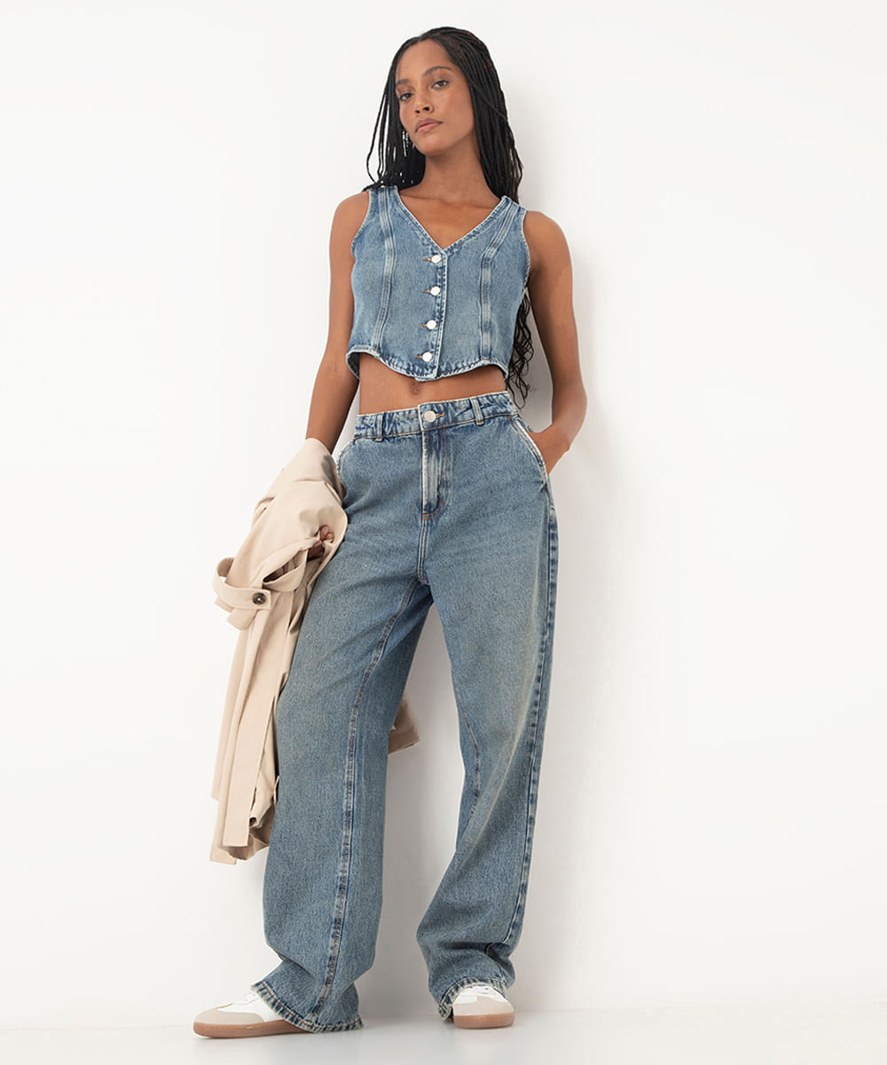 calça jeans wide leg slim relaxed cintura média azul