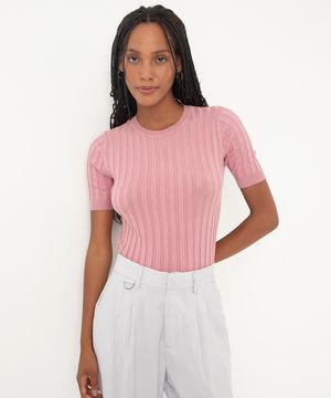 blusa de tricot canelada manga curta rosa claro